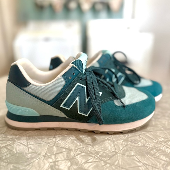 New Balance 574 Trek Teal Suede Sneakers - Picture 1 of 7